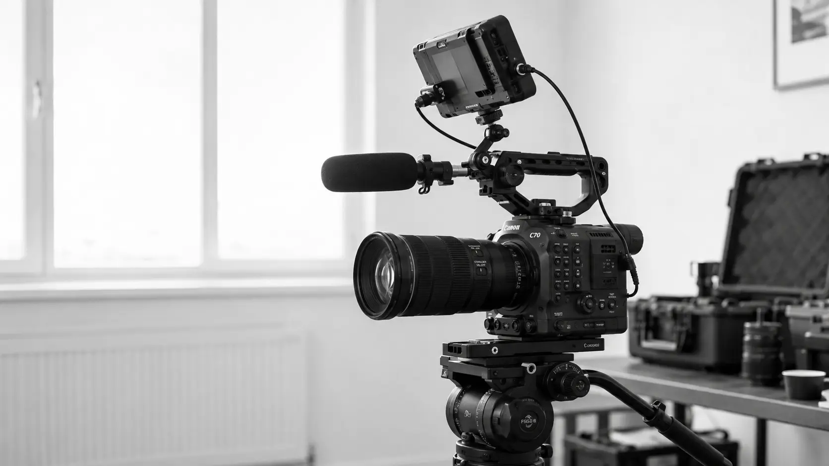 Kamera Canon C70 z monitorem i mikrofonem przygotowana do nagrania wywiadu